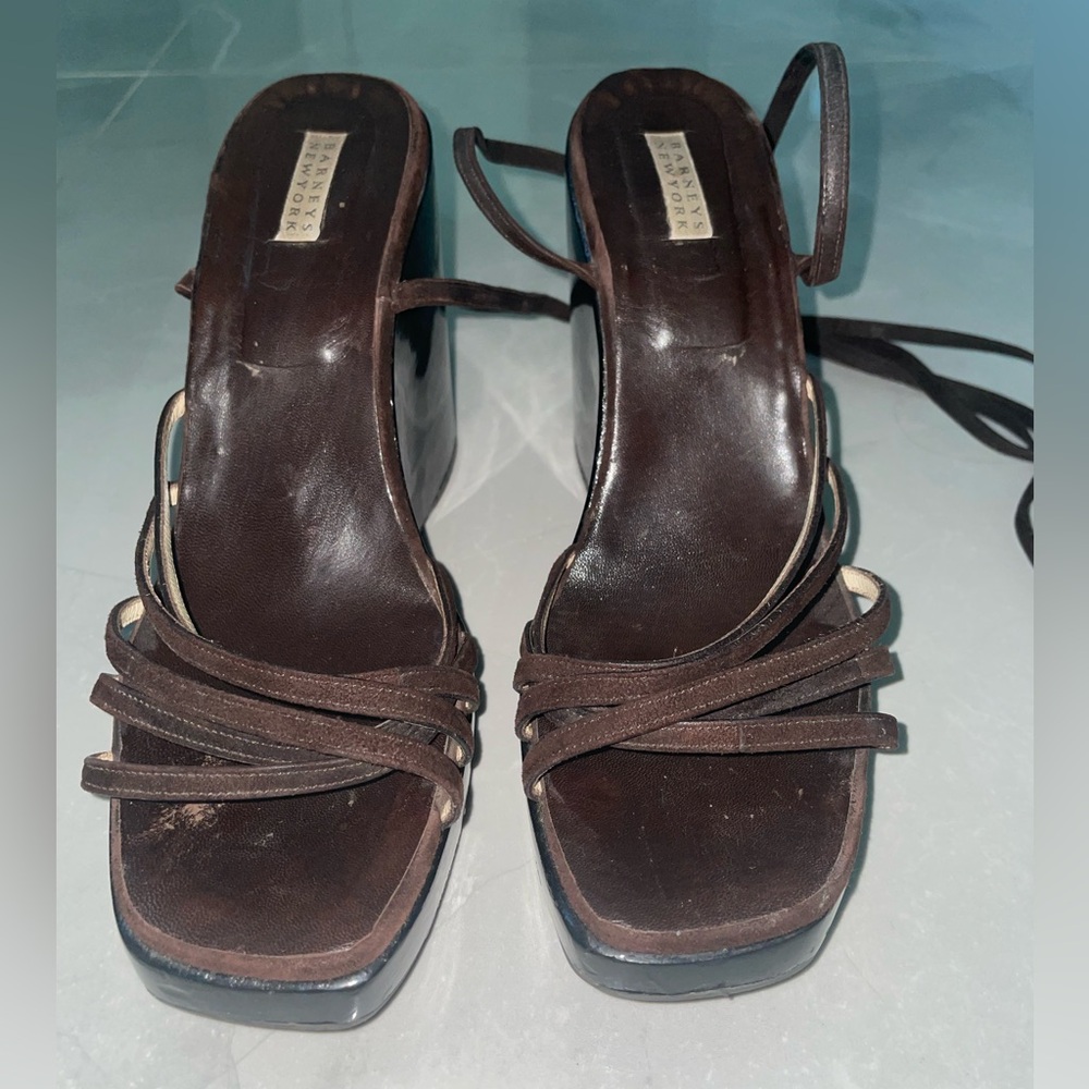 BARNEYS NEW YORK BROWN STRAPPY WEDGE SANDALS